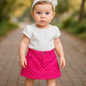 5/$35  Old Navy Girls Skirt Sz 12-18 Months Pink White Polka Dots Jean Style NEW